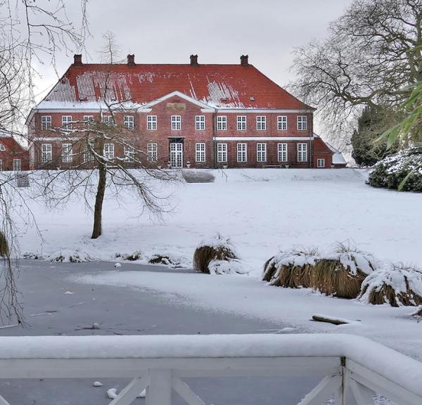 Hindsgavl Slot smukt beliggende i det sneklædte landskab
